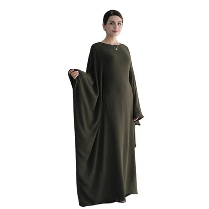 Abaya Muslim Women Dress Batwing Sleeve Loose Maxi Modest Islamic Clothes Prayer Dress with Hijab Scarf - color: Army Green