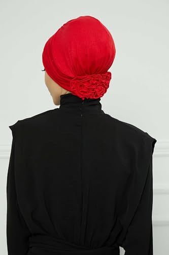 Aisha's Design Instant Turban Head Wraps for Women, Combed Cotton Scarf Lightweight Pre tied Hijab with Back Rose Detail - color: Red