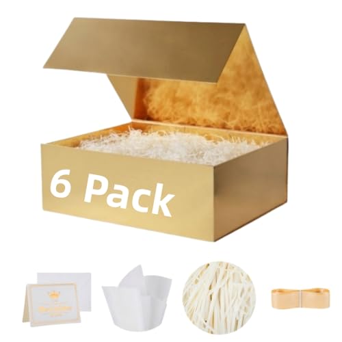 UoeRing 6 Pcs Gold Gift Box 11.5x8x4 Inch with Magnetic Lid | Collapsible Luxury Present Box,for Birthday,Christmas Holiday Gift Includes Card,Ribbon,Tissue Paper & Shredded Filler - color: 11.5x8x4 Inch-Gold-Pack of 6
