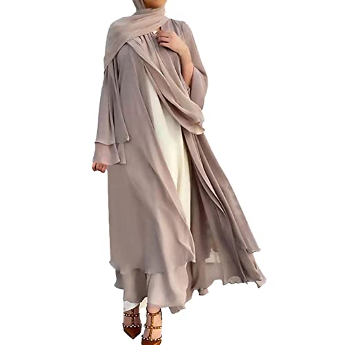 Abayas for Women Muslim Dubai Dress Solid Loose Fit Long Cardigan Islamic Kaftan Robe Open Front Maxi Length - color: Khaki, size: XX-Large