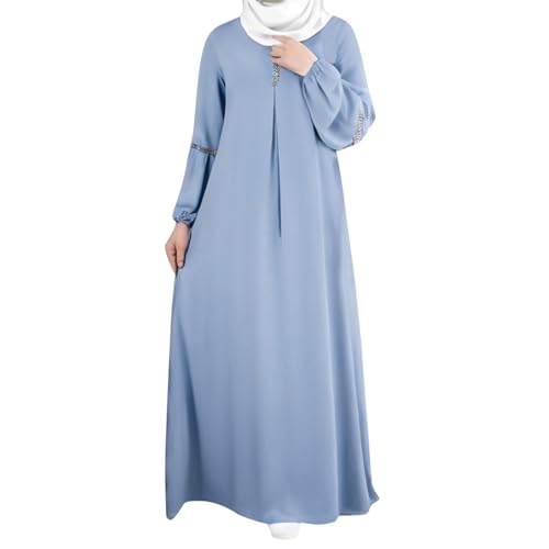 Muslim Prayer Dress Long Sleeve Round Neck Loose Abaya Maxi with Sequin Detail Flowy Sun Dress Casual Cover Up - color: 02#_light Blue, size: Small
