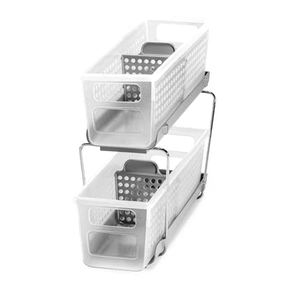 madesmart Compact Two Tier Organizer, Frost | pull out bins, adjustable dividers, tiered access, cleaning supplies, under sink use, pantry bottles, woman owned