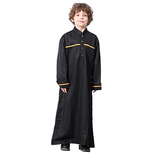 ODIZLI Arabic Thobe Muslim Thobe Long Sleeve Kaftan Crew Collar Robe with Zipper for Boy Solid Color/Embroidery/Stripe Print - color: Black C, size: 7-8 Years