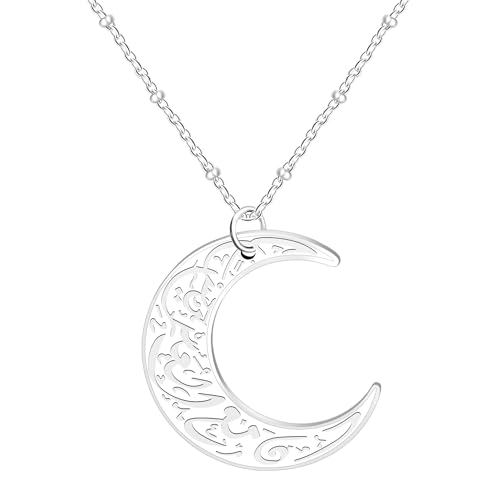 Stainless Steel Arabic Moon Pendant Necklace - Islamic Allah Symbol Jewelry for Men and Women - Religious Amulet Talisman Gift YA4979 - color: white moon pendant necklace