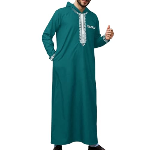 Men's Muslim Middle Arab Casual Long Sleeve Loose Hood Big and Tall Long Gown Dress Muslim Kaftan Thobe - color: Green, size: Small