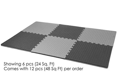 Xspec 1" Extra Thick 48 sq ft Reversible EVA Gym Foam Floor Mat Tiles (24" x 24"), Steel Pattern, 12 pcs, Black & Grey - color: Black