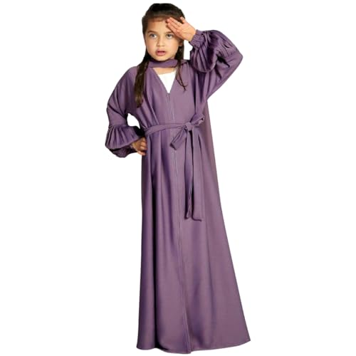 Kids Girls Muslim Abaya Long Sleeve Snap Front Maxi Dress with Belt Robe Kimono Dubai Hijab Dress - color: Purple B, size: 5-6 Years