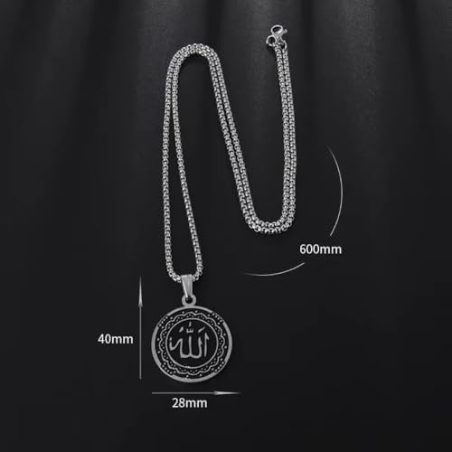 Islamic Allah Religious Amulet Stainless Steel Pendant Necklace Muslim Arabic Protection Jewelry Gift for Men Women - color: silvery
