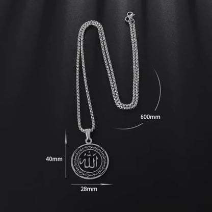 Islamic Allah Religious Amulet Stainless Steel Pendant Necklace Muslim Arabic Protection Jewelry Gift for Men Women - color: silvery