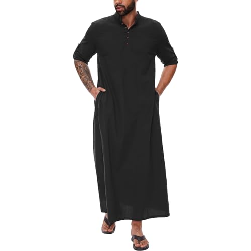 Generic Kurta Men Long Sleeve Kaftan Thobe Muslim Men Thobe Big and Tall Kaftan Men Thobe with Pocket - color: Black-3, size: Small