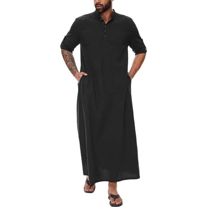Generic Kurta Men Long Sleeve Kaftan Thobe Muslim Men Thobe Big and Tall Kaftan Men Thobe with Pocket - color: Black-3, size: Medium