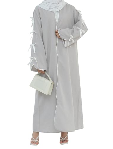 ODIZLI Women's Eid Abaya Dresses Long Sleeve Open Front Pearl Bowknot Prayer Dress Ramadan Cardigan Dubai Kaftan - color: Gray, size: Medium