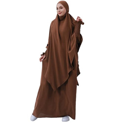 khalat Womens Muslim Prayer Dress Front Zipper Kaftan Islamic Robe Modest Solid Abayas for Women Muslim - color: Coffee+hijab