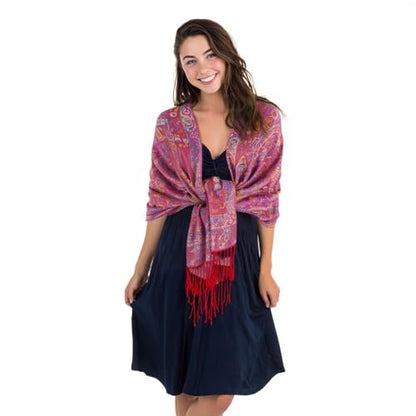TUSHUSTY Pashmina Feel Shawls Wraps Rave Scarf for Women Soft Silky Reversible Men Scarves Hijab - color: Red Purple Yellow