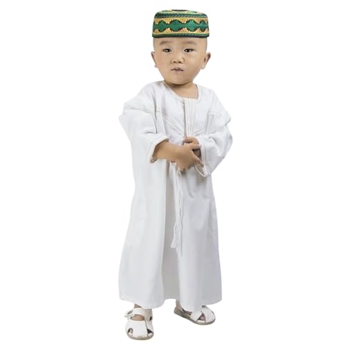 ITODA Embroidered Muslim Arabic Thobe Long Sleeve Kaftan Islamic Ramadan Prayer Robe - color: White