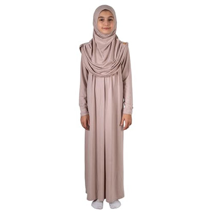ihvan online Muslim Dress for Girls, Long Sleeve One-Piece Islamic Prayer Dress, Hijab for Kids, Girls Abaya, Islamic Gifts - color: Ecru