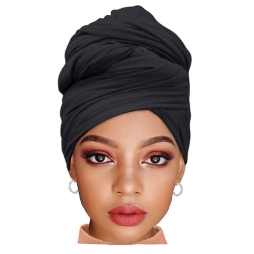 ZRQ 1 Pieces Black Stretch Hijab Extra Long Solid Color African Shawl Hair Scarfs Jersey Turban Fashion Head Scarf Soft Head Wraps for Black Women - color: Black