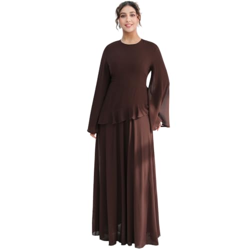 1PC Abaya Dress for Muslim Women 2-Layered Pearl Chiffon Islamic Prayer Clothing Back Zipper Maxi Abaya Dress with Belt - color: Coffee, size: X-Large
