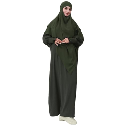 khalat Womens Muslim Prayer Dress Front Zipper Kaftan Islamic Robe Modest Solid Abayas for Women Muslim - color: Army Green+hijab