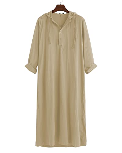 YAOHUOLE Long Sleeve Kaftan Thobe Button down Men Thobe with Pocket Big and Tall Kaftan Muslim Men Thobe - color: Khaki, size: X-Large