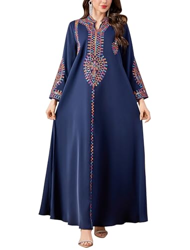 ABEWIP Muslim Dresses for Women Ramadan Kimono Long Sleeve Embroidered Islamic Prayer Dress Turkey Dubai Eid Abaya Kaftan - color: Navy Blue, size: X-Large