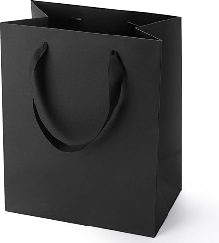 PrimeSign Black Gift Bags With Handles: 8x5x10 Inch 12 Pack Black Paper Gags Medium Bulk For Party Shopping Birthday Wedding Graduation Fathers Day - size: 12 Pack