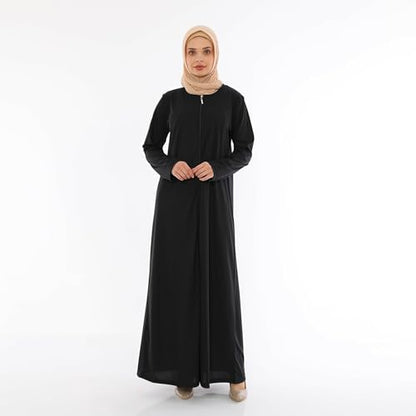 Women's Zipper Abaya Full Length Muslim Dress with Long Sleeves for Daily and Prayer Wear - color: Black, size: Small