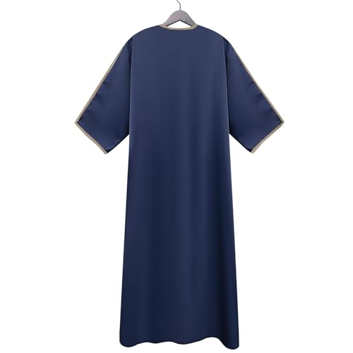 RTTUIOP Men's Muslim Clothes Lace Sleeves V-Neck Thobe Middle East Kaftan Saudi Arab Caftans Islamic Abaya Dress - color: 01-navy, size: Large