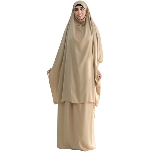 Muslim Women Abaya Two Pieces Set Prayer Dress Elasticated Sleeves Islamic Robe Modest Full Cover Prayer Clothes - color: Apricot