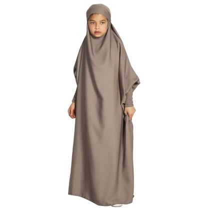 ODIZLI Muslim One Piece Prayer Hijab Dress Women Hooded Abaya Full Cover Islam Dubai Modest Robe - color: Gray Kids, size: 6-7 Years