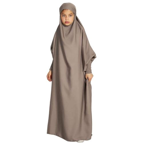 IDOPIP Muslim Dress for Girls One Piece Long Sleeve Islamic Prayer Dress with Hijab Casual Maxi Kaftan Abaya Gown Clothes - color: Light Coffee, size: 12-13 Years