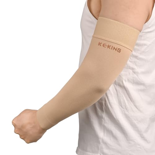 KEKING Lymphedema Compression Arm Sleeves 15-20mmHg with Silicone Band - color: 15-20mmhg Beige (with Silicone Band), size: XX-Large (1 Pair)