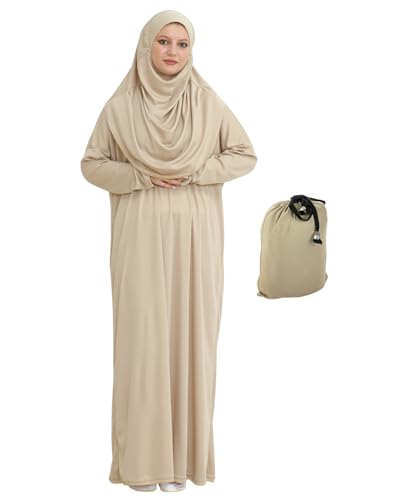 Prien Muslim Dress For Women With Hijab, Abaya, Instant Prayer Clothes Set, Islamic Wear, Dubai Kaftan Jilbab Burqa - color: Mink, size: 3X-Large-6X-Large