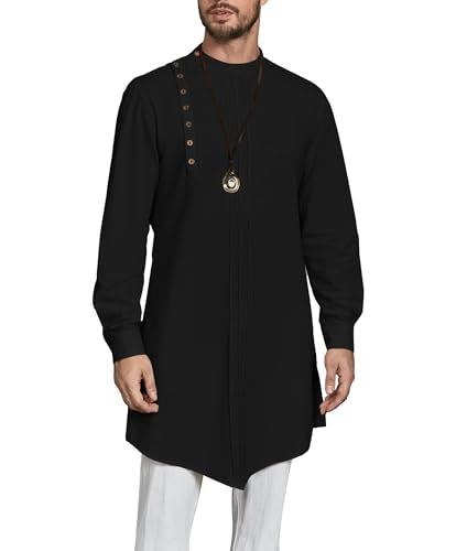 Gafeng Mens Kaftan Thobe Long Sleeve Robe Gown Casual Cotton Linen Button Muslim Shirt - color: Black, size: XX-Large