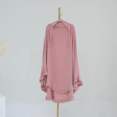 Boedaty Ramadan Eid Prayer Garment Long Khimar Hijab Scarf Wrap with Flounces Abaya Jilbab Muslim Islam for Women - color: Pink1