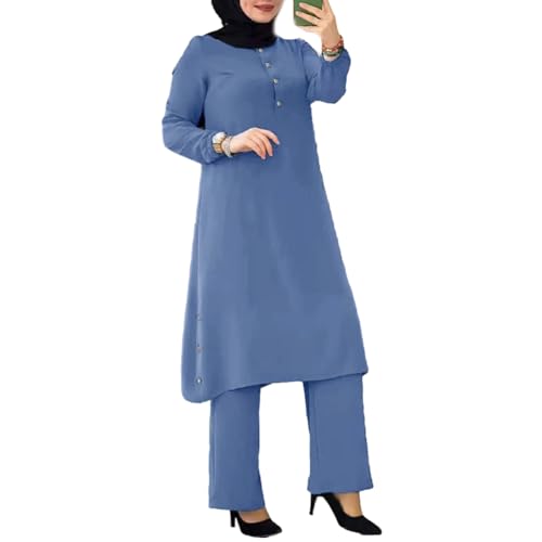 IDOPIP Women's Muslim Abaya Dress 2 Pieces Set Long Sleeve Button Down Shirt and Pants Casual Arabic Islamic Dubai Outfits - color: Blue, size: 3X-Large