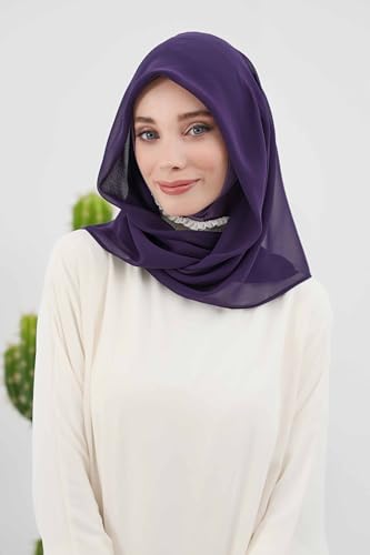 Aisha's Design Pre-tied Cotton-Chiffon Scarf for Women Practical Veil Instant Scarf Hijab Stylish Design - color: Purple