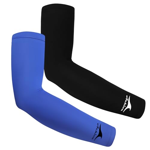 Achiou Cooling Ice Silk Arm Sleeves, Summer UV Sun Protection Compression Sleeves UPF 50+ for Women Volleyball Youth Sports - color: 2 Pairs: 1pair Black,1 Pair Royal Blue