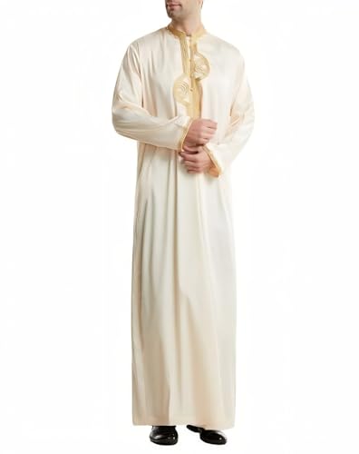 Men's Ankle-Length Thobe With Round Neck And Intricate Gold Embroidery - color: Beige and Gold, size: Small