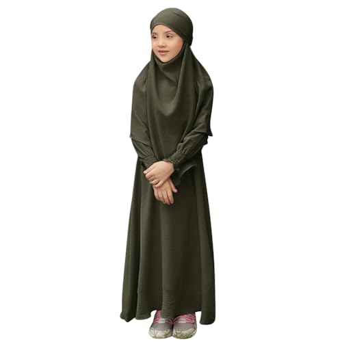IDOPIP Muslim Dress for Girls Islamic Prayer Abaya Smocked Long Sleeve Kaftan Robe Dresses with Hijab Ramadan Dubai Outfits - color: Army Green, size: 7-8 Years
