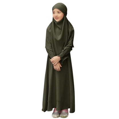 IDOPIP Muslim Dress for Girls Islamic Prayer Abaya Smocked Long Sleeve Kaftan Robe Dresses with Hijab Ramadan Dubai Outfits - color: Army Green, size: 9-10 Years