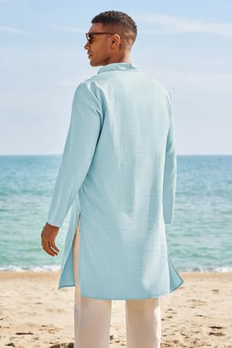 Runcati Mens Kaftan Thobe Textured Henley Shirt Long Sleeve Robe Casual Muslim Gown Shirt - color: Sky Blue, size: Medium