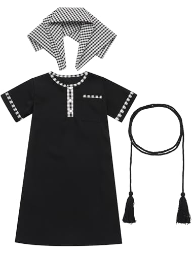 IDOPIP Muslim Baby Boys Ramadan Eid Outfit Kaftan Thobe Arabic Islamic Abaya Dubai Robe Prayer Clothes with Head Scarf + Rope - color: Black, size: 12-24 Months
