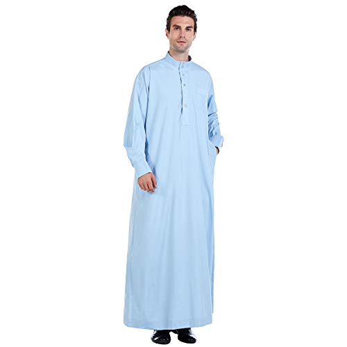 Men Arabic Long Sleeve Pure Color Thobe Crew Stand Collar Kaftan Robe with Button - color: Sky Blue, size: Small