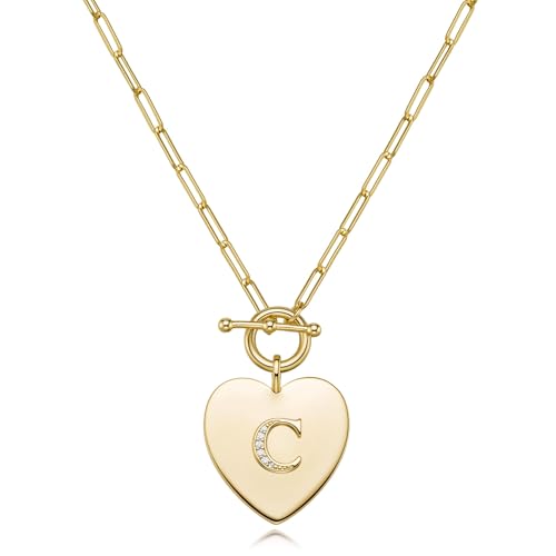 14K Gold Filled Heart Initial Necklace for Women, Dainty Alphabet Pendant Necklace with Paperclip Chain, Hypoallergenic Jewelry Gift for Her - color: Letter C