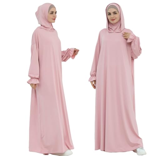 Muslim Dress for Women Pakistani Kaftan Abaya Robe Arabic Islamic Prayer Clothes Dubai Outfits - color: Pink