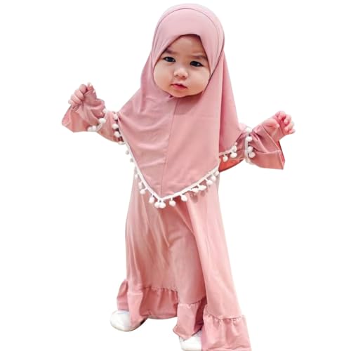 ODASDO Newborn Infant Baby Girls Prayer Dress Muslim Clothes for Toddler Kids Long Sleeve Abaya with Hijab Two Piece Set - color: Dusty Pink, size: 6-12 Months