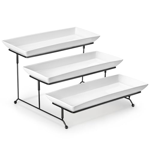 MALACASA 3 Tier Serving Tray, Porcelain Tiered Cupcake Stand, Ceramic Elevated Serving Platter with Collapsible Sturdier Rack,Series PLAT (White, 14 Inch) - color: White, size: 14 Inch