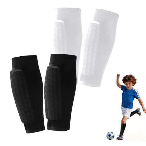 2 Pairs Soccer Shin Guards, Shin Guards Soccer for Kids Youth Adult Calf Compression Sleeve with Honeycomb Pads, Calf Protective Gear for Football & Baseball for Boys, Girls - color: Black+White, size: Medium