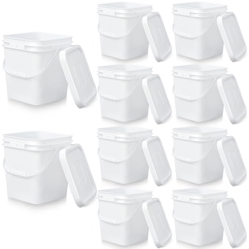 Mumufy 10 Pcs 3.5 Gallon Square Food Grade Bucket with Lid Plastic Buckets Pail with Handle Lid Heavy Duty Buckets for Storing Dry Food Charcoal Camping Fishing(White) - color: White, style: Square